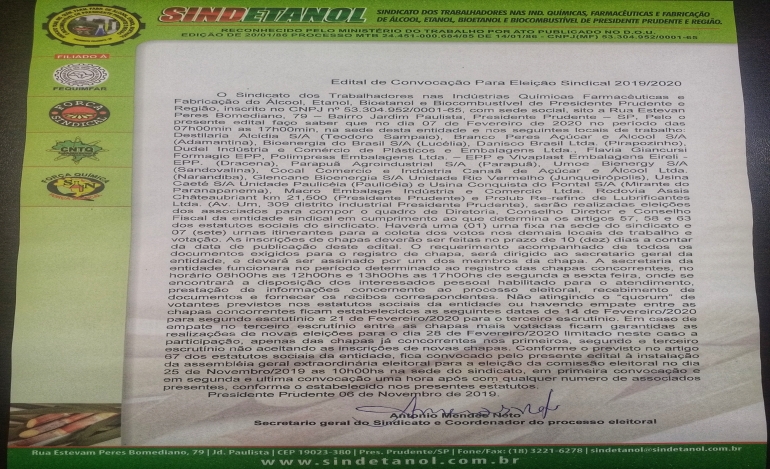 Sindetanol divulga Edital de Convocação para Eleição Sindical 2019-2020