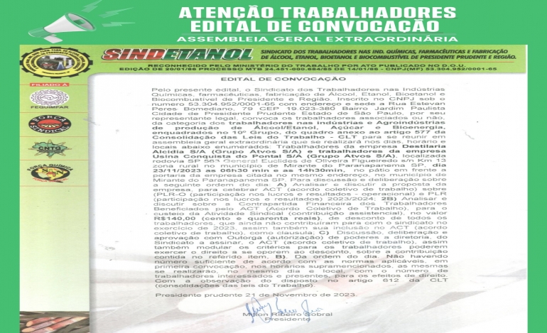SINDETANOL CONVOCA TRABALHADORES PARA ASSEMBLEIA GERAL EXTRAORDINÁRIA
