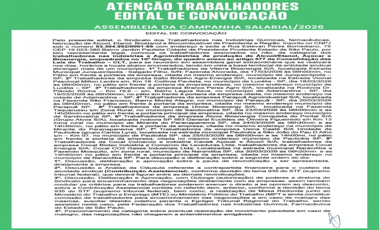 Sindetanol inicia assembleias da campanha salarial do setor do Etanol
