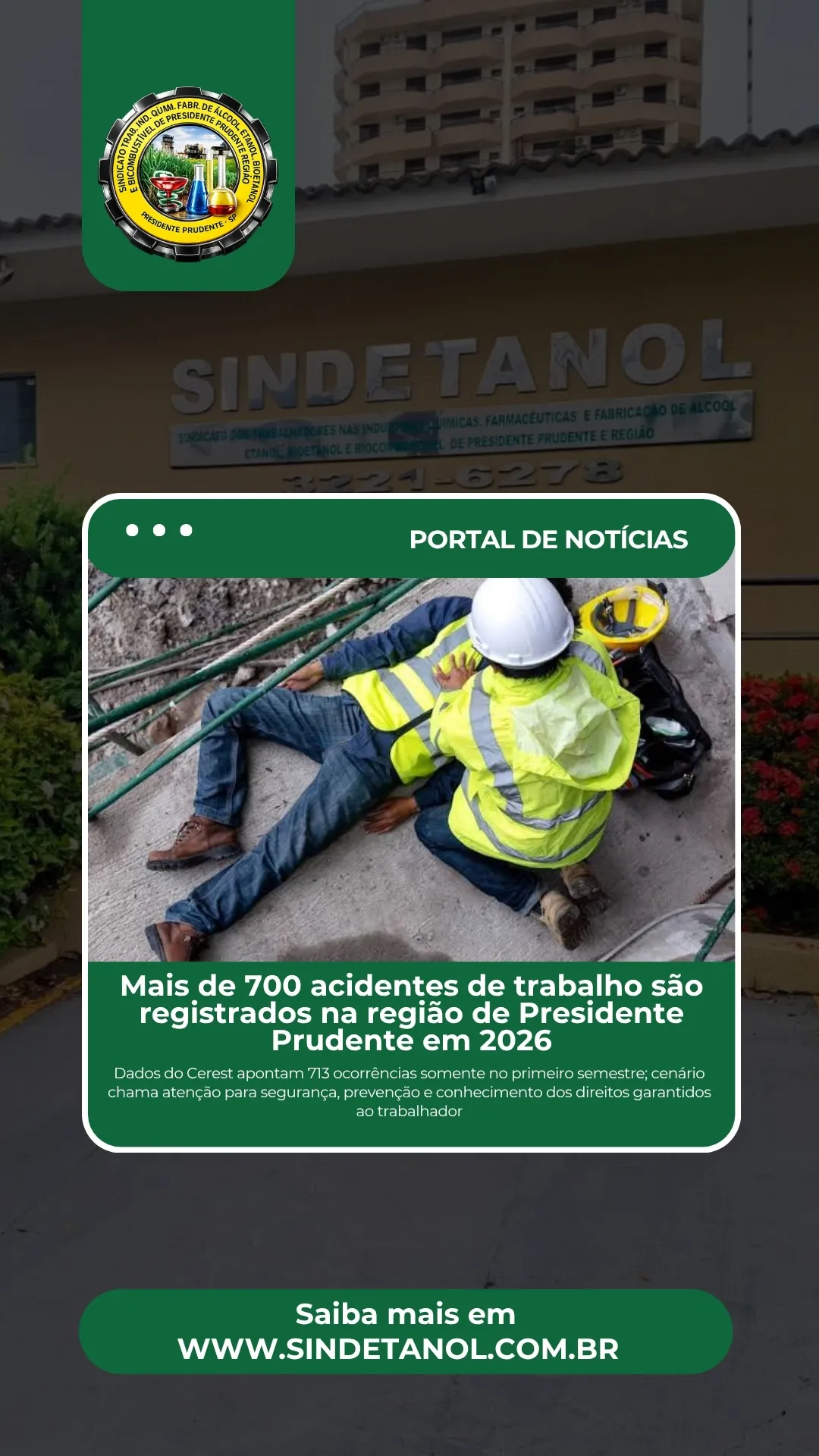 Mais de 700 acidentes de trabalho são registrados na região de Presidente Prudente em 2026